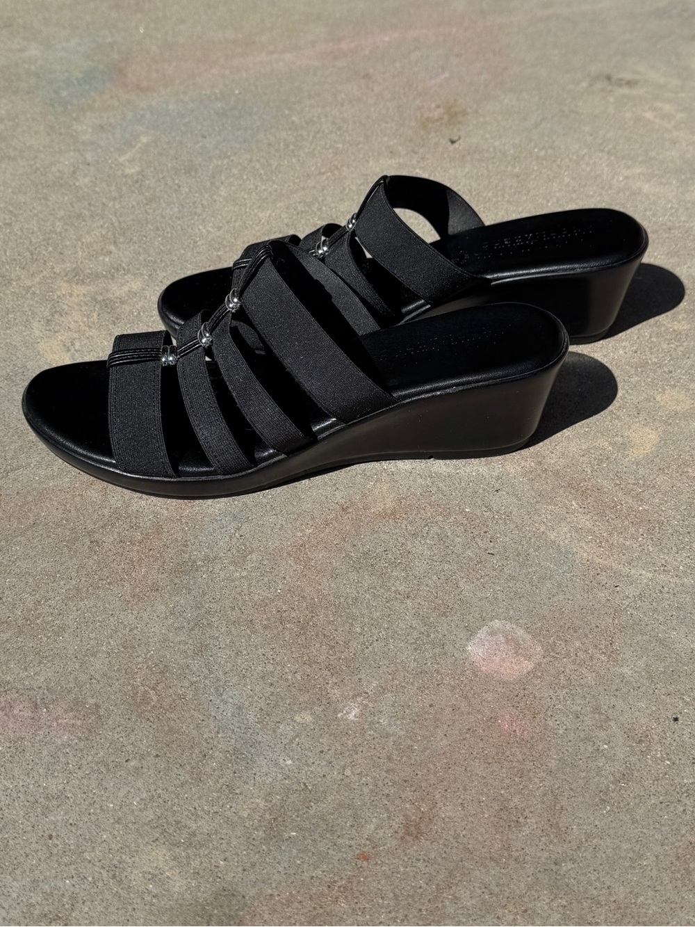 Black Strappy Wedge Slide Sandals 9